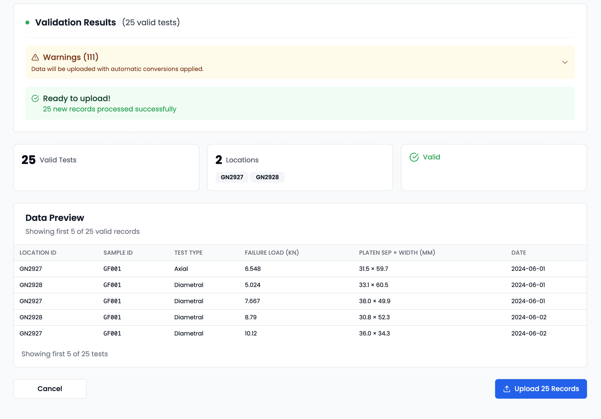 CSV import results showing parsed and validated geotechnical data