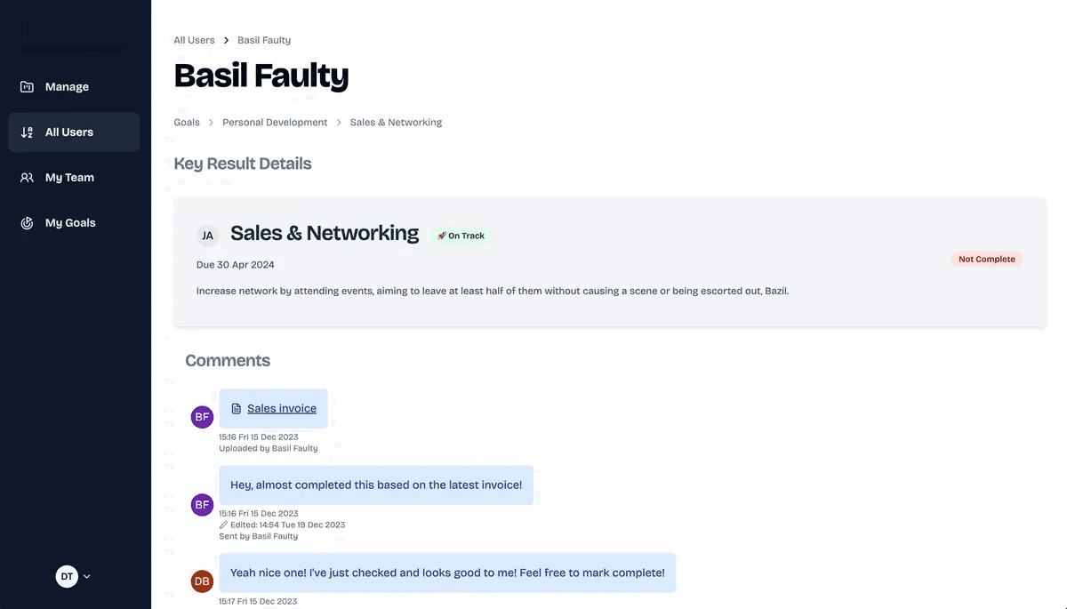 Comments on a key result showing rich text editing capabilities and uploads